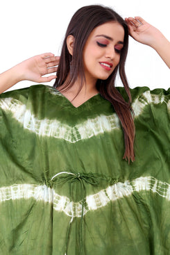 Admyrin Dark Green Satin Chanderi Summer Beach Wear Printed Ready to Wear Kaftan