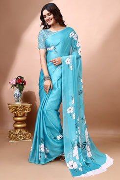 Admyrin Stylish & Beautiful Satin Georgette Digitally Printed Party Wear Sarees with Blouse Piece