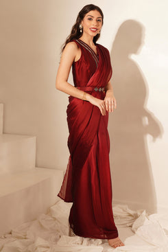 Admyrin Maroon Vichitra Silk Solid Ready to Wear Saree with Belt & Stitched Blouse