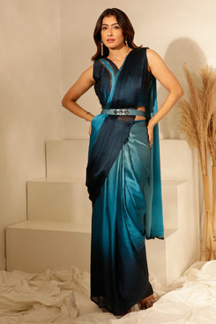 Admyrin Blue Vichitra Silk Solid Ready to Wear Saree with Belt & Stitched Blouse