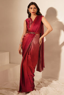 Admyrin Red Vichitra Silk Solid Ready to Wear Saree with Belt & Stitched Blouse