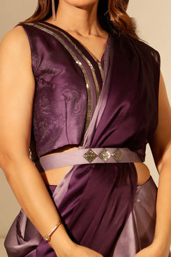 Admyrin Purple Vichitra Silk Solid Ready to Wear Saree with Belt & Stitched Blouse