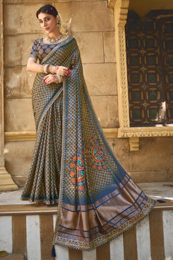 Admyrin Navy Blue Gajji Silk Gota and Handwork Festival Wear Saree with Blouse Piece