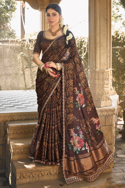 Admyrin Brown Gajji Silk Gota and Minakari Work Festival Wear Saree with Blouse Piece