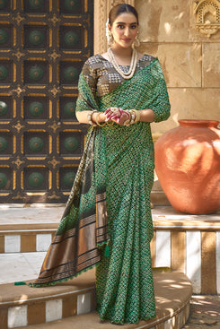 Admyrin Green Gajji Silk Pure Handwork Traditional Function Wear Saree with Blouse Piece