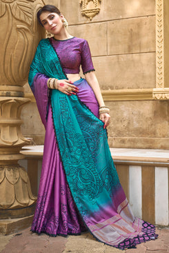 Admyrin Purple & Blue Gajji Silk Pure Handwork Festival Wear Saree with Blouse Piece