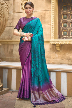 Admyrin Purple & Blue Gajji Silk Pure Handwork Festival Wear Saree with Blouse Piece