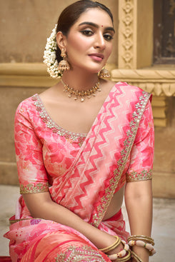 Admyrin Pink Gajji Silk Foil and Moti Work Festival Wear Saree with Blouse Piece