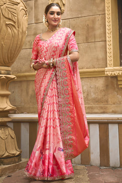 Admyrin Pink Gajji Silk Foil and Moti Work Festival Wear Saree with Blouse Piece