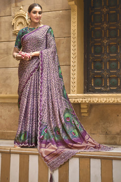 Admyrin Purple Gajji Silk Diamond with Handwork Festival Wear Saree with Blouse Piece