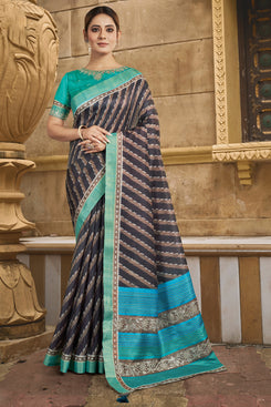 Admyrin Brown Gajji Silk Stripe Print with Stone Work & Hand Work Saree with Blouse Piece