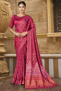 Admyrin Pink Gajji Silk Bandhani Print with Mirror Hand Work Saree with Blouse Piece