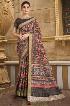 Admyrin Brown Gajji Silk Floral Print with Hand Work & Stone Work Border Saree with Blouse Piece