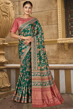 Admyrin Green Gajji Silk Floral Print with Hand Mirror Work Border Saree with Blouse Piece