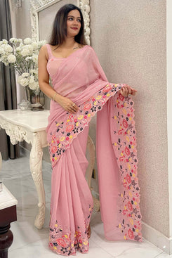 Admyrin Pink Shimmer Silk Sequance Embroidery Work Saree with Blouse Piece