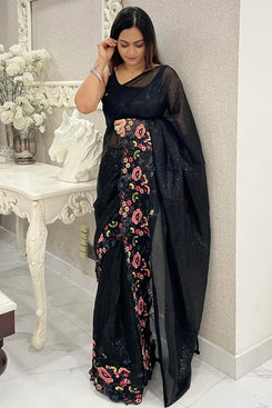 Admyrin Black Shimmer Silk Sequance Embroidery Work Saree with Blouse Piece