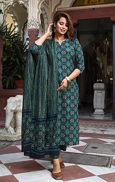 Admyrin Morpichh Cotton Blend Printed Readymade Kurta With Pant and Dupatta Set