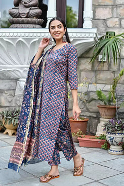 Admyrin Multi Colour Cotton Blend Printed Readymade Kurta With Pant and Dupatta Set