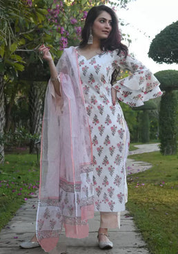 Admyrin Pink Cotton Blend Printed Readymade Kurta With Pant and Dupatta Set