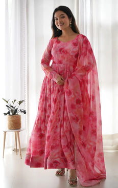 Admyrin Pink Georgette Classy Designer Floral Print Readymade Gown