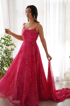 Admyrin Pink Georgette Classy Designer Printed Readymade Gown