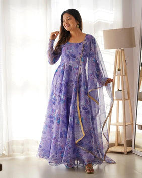 Admyrin Purple Georgette Classy Designer Printed Readymade Gown