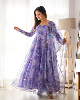 Admyrin Purple Georgette Classy Designer Printed Readymade Gown