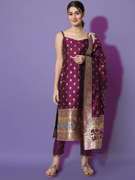 Admyrin Purple Jacquard Woven Readymade Kurta With Pant and Dupatta Set