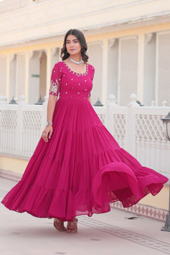 Admyrin Pink Faux Georgette Classy Designer Function Wear Readymade Gown