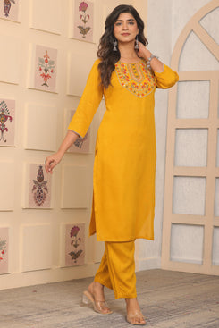 Admyrin Trendy Elementary Designer Yellow Rayon Readymade Top With Bottom