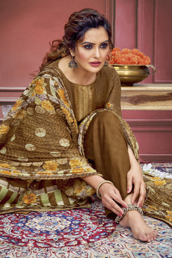 Admyrin Mehendi Green Pure Muslin Digitally Printed and Swarovski Diamond Work Unstitched Salwar Suit