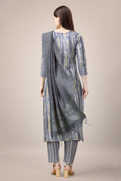 Admyrin Grey Trendy Designer Heavy Rayon  Embroidery & Fancy Lace Work Readymade Suit