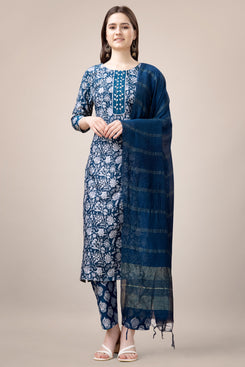 Admyrin Blue Trendy Designer Heavy Rayon  Embroidery & Fancy Lace Work Readymade Suit