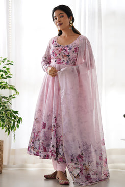Admyrin Pink Heavy Pure Soft Organza Silk Floral Print Traditional Wear Readymade Anarkali Suit