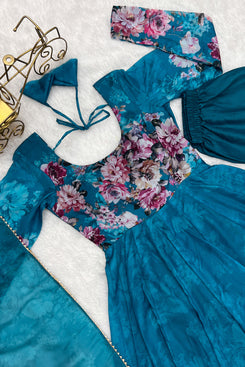 Admyrin Rama Blue Heavy Pure Soft Organza Silk Floral Print Traditional Wear Readymade Anarkali Suit