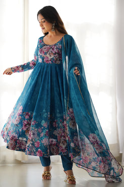 Admyrin Rama Blue Heavy Pure Soft Organza Silk Floral Print Traditional Wear Readymade Anarkali Suit