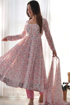 Admyrin Pink Heavy Chiffon Floral Print Traditional Wear Readymade Anarkali Suit