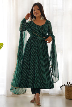 Admyrin Green Heavy Faux Georgette Leheriya Print Traditional Wear Readymade Anarkali Suit