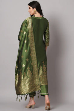 Admyrin Mehendi Green Cotton Silk Jacquard Festival Wear Readymade Salwar Suit