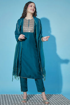 Admyrin Teal Cotton Silk Jacquard Festival Wear Readymade Salwar Suit