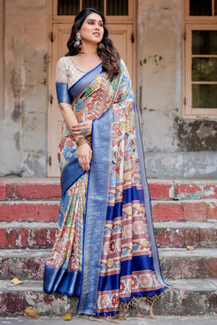 Admyrin Multi Colour Pure Silk Digital Printed Party Wear Saree with Blouse Piece