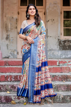 Admyrin Multi Colour Pure Silk Digital Printed Party Wear Saree with Blouse Piece