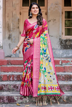 Admyrin Multi Colour Pure Silk Digital Printed Party Wear Saree with Blouse Piece