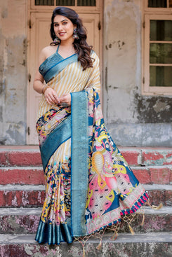 Admyrin Multi Colour Pure Silk Digital Printed Party Wear Saree with Blouse Piece