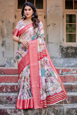 Admyrin Multi Colour Pure Silk Digital Printed Party Wear Saree with Blouse Piece