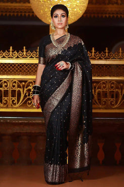 Admyrin Black Soft Silk Traditional Heavy Designer Banarasi Saree with Matching Blouse Piece