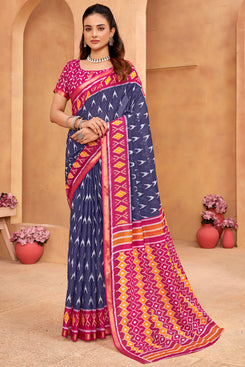 Admyrin Multi Color Cotton Leheriya Print Functions Wear Saree with Blouse Piece