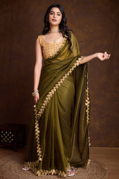 Admyin Gold-infused Twill Traditional Party Wear Saree with Contrast Blouse Piece