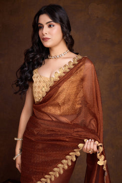 Admyin Gold-infused Twill Traditional Party Wear Saree with Contrast Blouse Piece