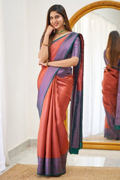 Admyrin Tomato Red Designer Heavy Banarasi Soft Silk Saree with Silk Blouse Piece